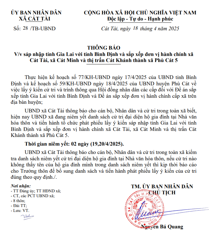 THÔNG BÁO V/v sáp nhập tỉnh Gia Lai với tỉnh Bình Định và sắp xếp đơn vị hành chính xã Cát Tài, xã Cát Minh và thị trấn Cát Khánh thành xã Phù Cát 5